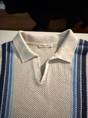 Marine Layer Cream Polo with Blue Stripe Detailing